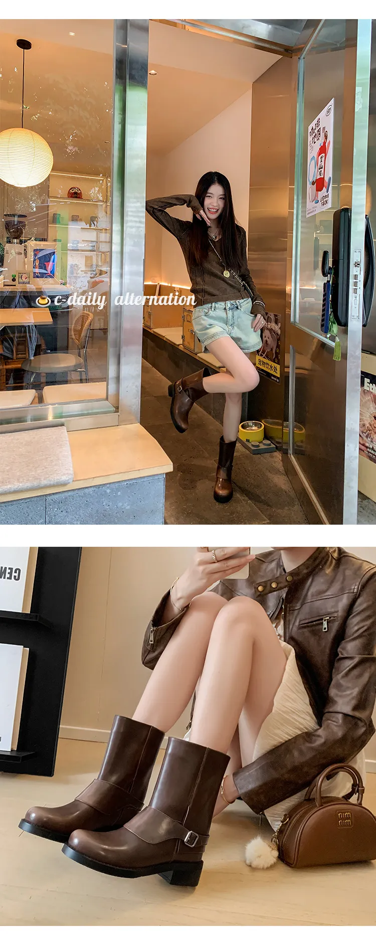 Autumn/Winter Short Leather Thick-Soled British Style Women's Boots with Straight Shaft, Round Toe, Chunky Heel, and Belt Buckle