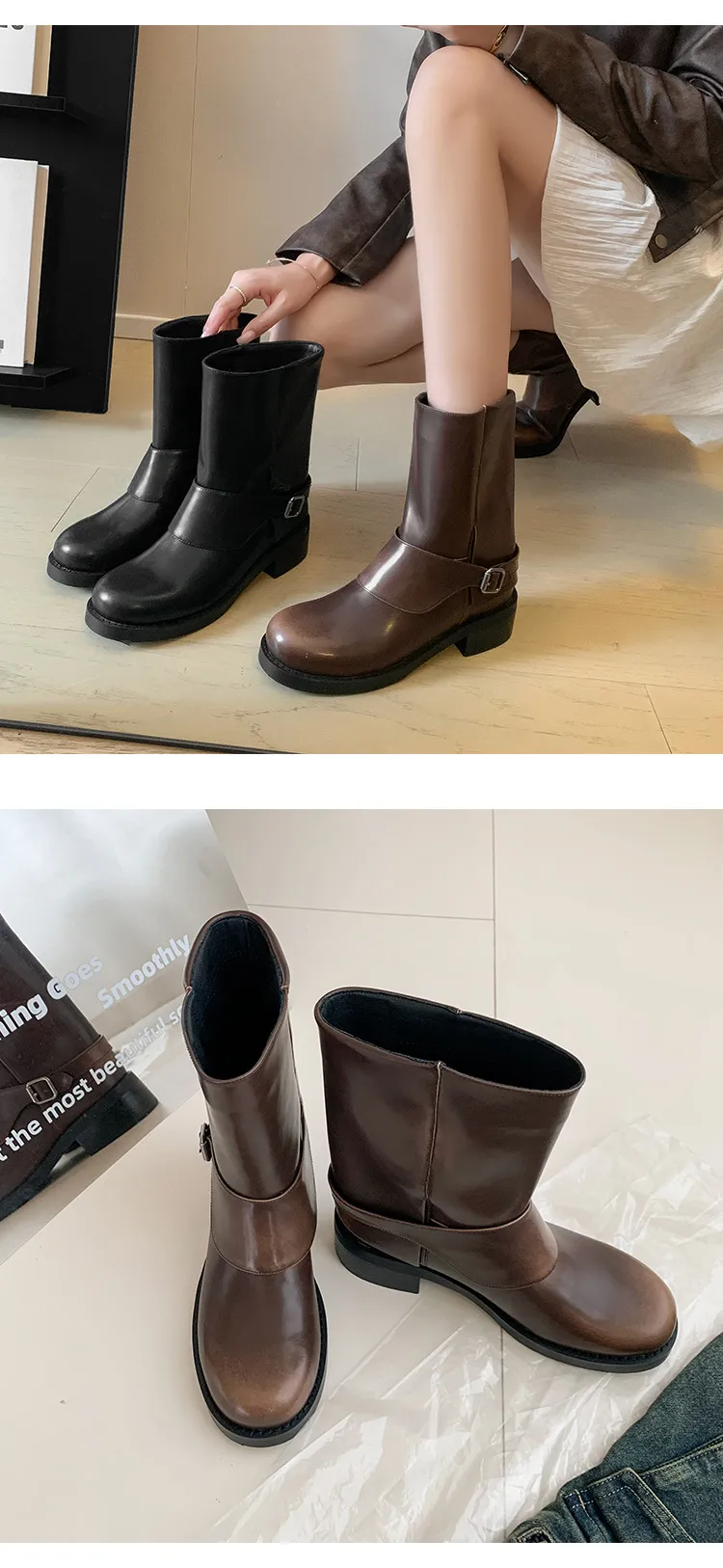 Autumn/Winter Short Leather Thick-Soled British Style Women's Boots with Straight Shaft, Round Toe, Chunky Heel, and Belt Buckle