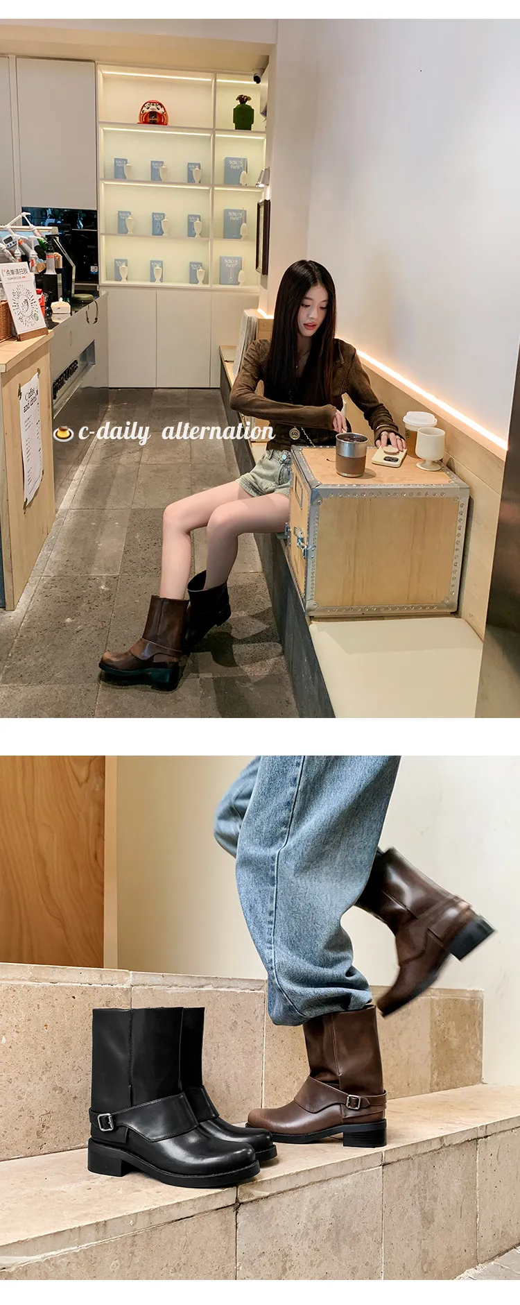 Autumn/Winter Short Leather Thick-Soled British Style Women's Boots with Straight Shaft, Round Toe, Chunky Heel, and Belt Buckle