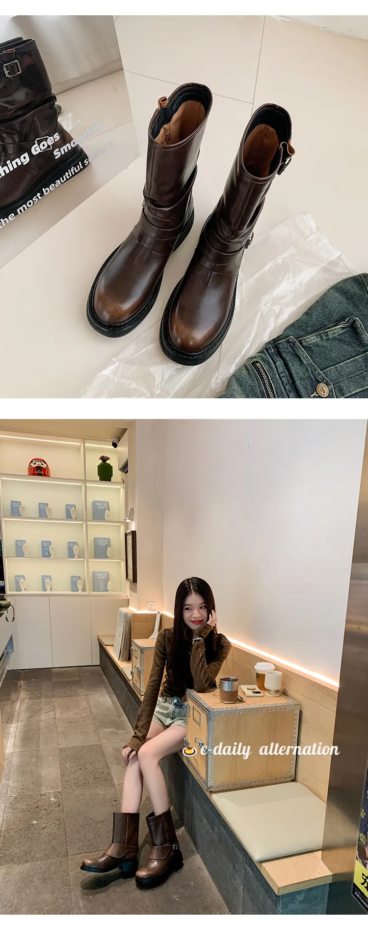 Autumn/Winter Short Leather Thick-Soled British Style Women's Boots with Straight Shaft, Round Toe, Chunky Heel, and Belt Buckle