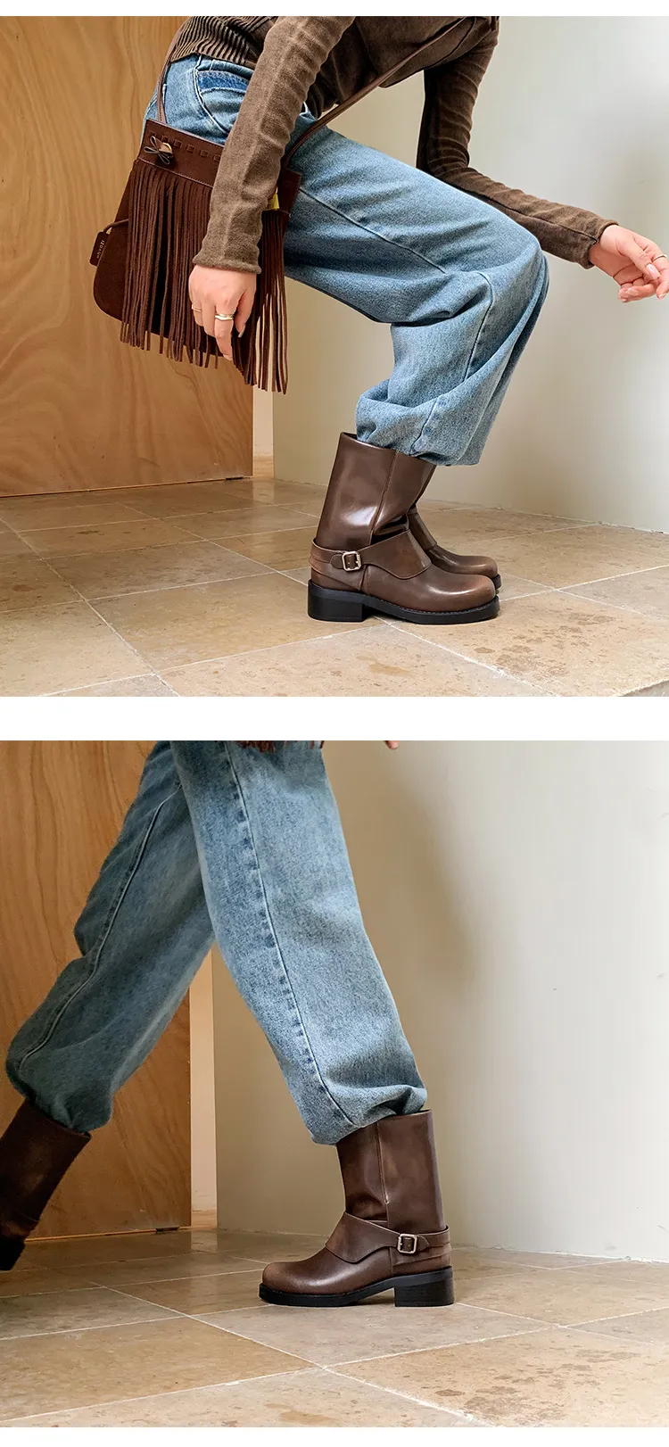 Autumn/Winter Short Leather Thick-Soled British Style Women's Boots with Straight Shaft, Round Toe, Chunky Heel, and Belt Buckle