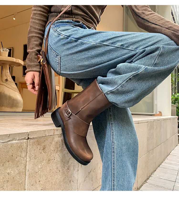 Autumn/Winter Short Leather Thick-Soled British Style Women's Boots with Straight Shaft, Round Toe, Chunky Heel, and Belt Buckle