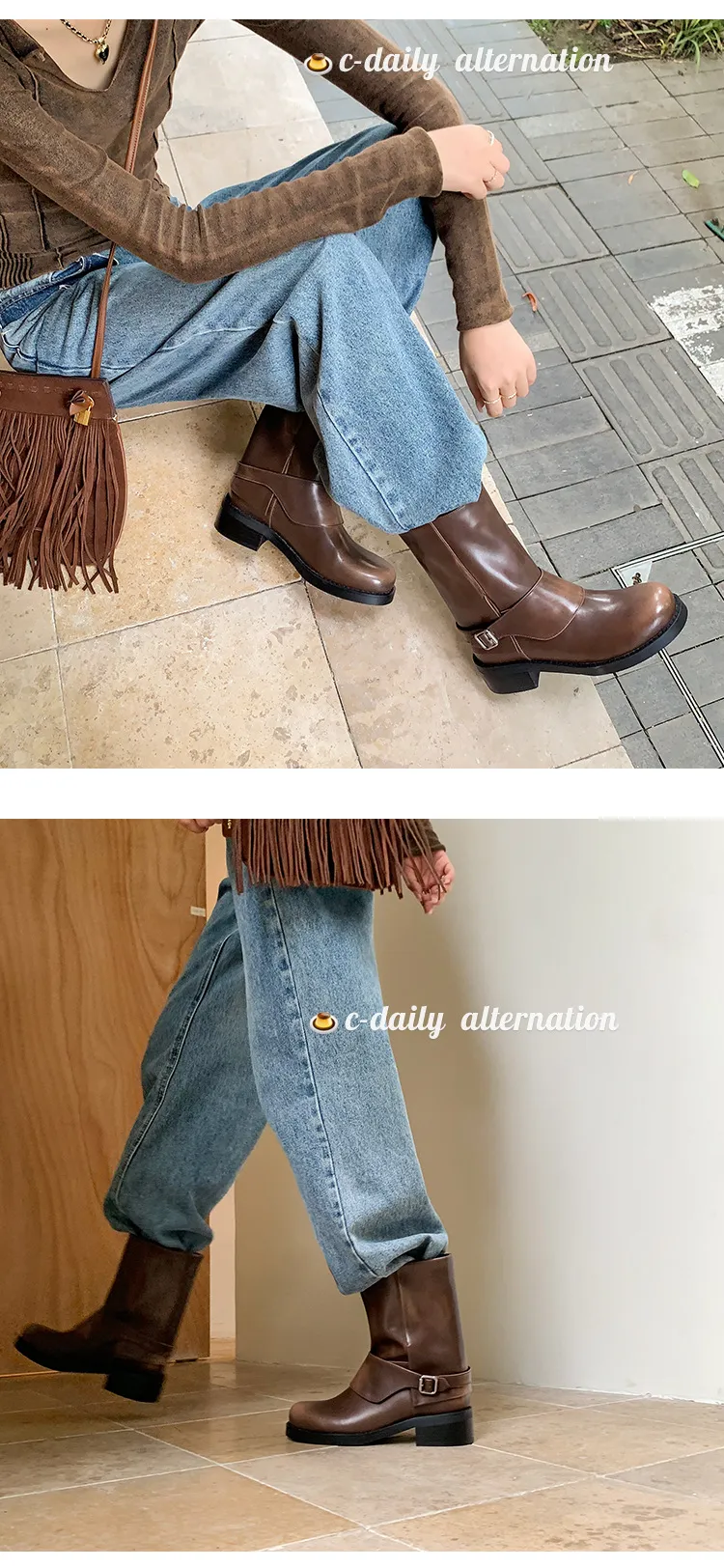 Autumn/Winter Short Leather Thick-Soled British Style Women's Boots with Straight Shaft, Round Toe, Chunky Heel, and Belt Buckle