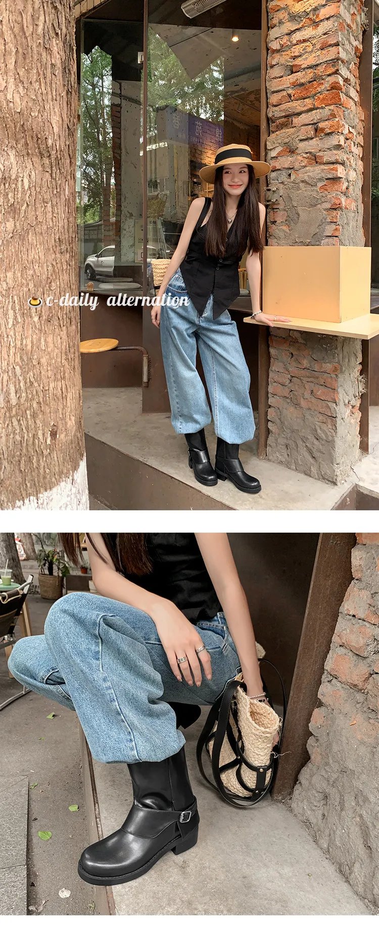 Autumn/Winter Short Leather Thick-Soled British Style Women's Boots with Straight Shaft, Round Toe, Chunky Heel, and Belt Buckle