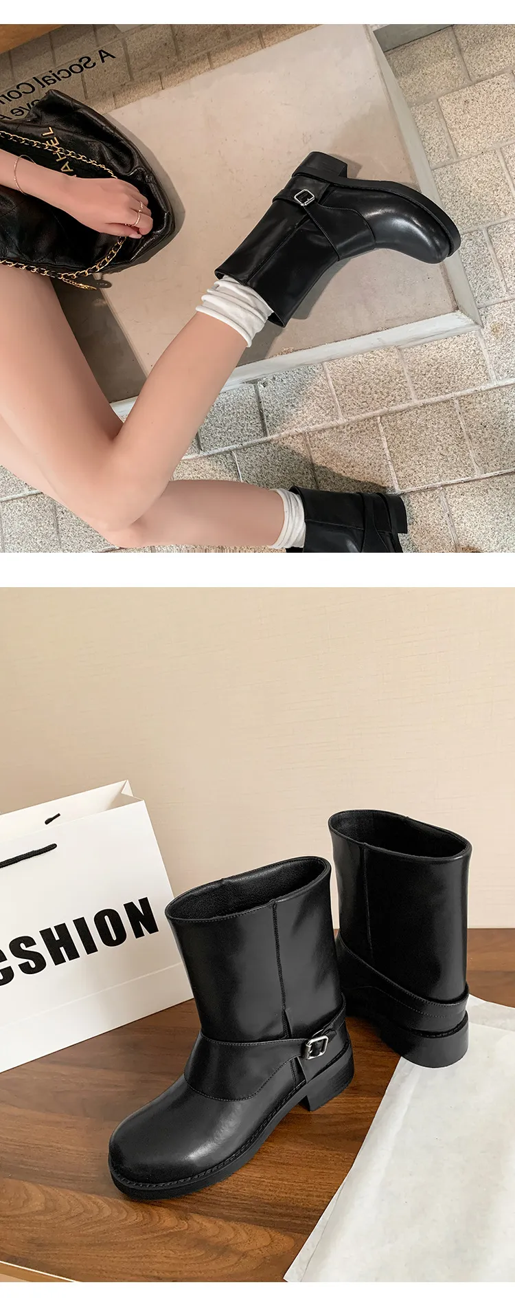 Autumn/Winter Short Leather Thick-Soled British Style Women's Boots with Straight Shaft, Round Toe, Chunky Heel, and Belt Buckle