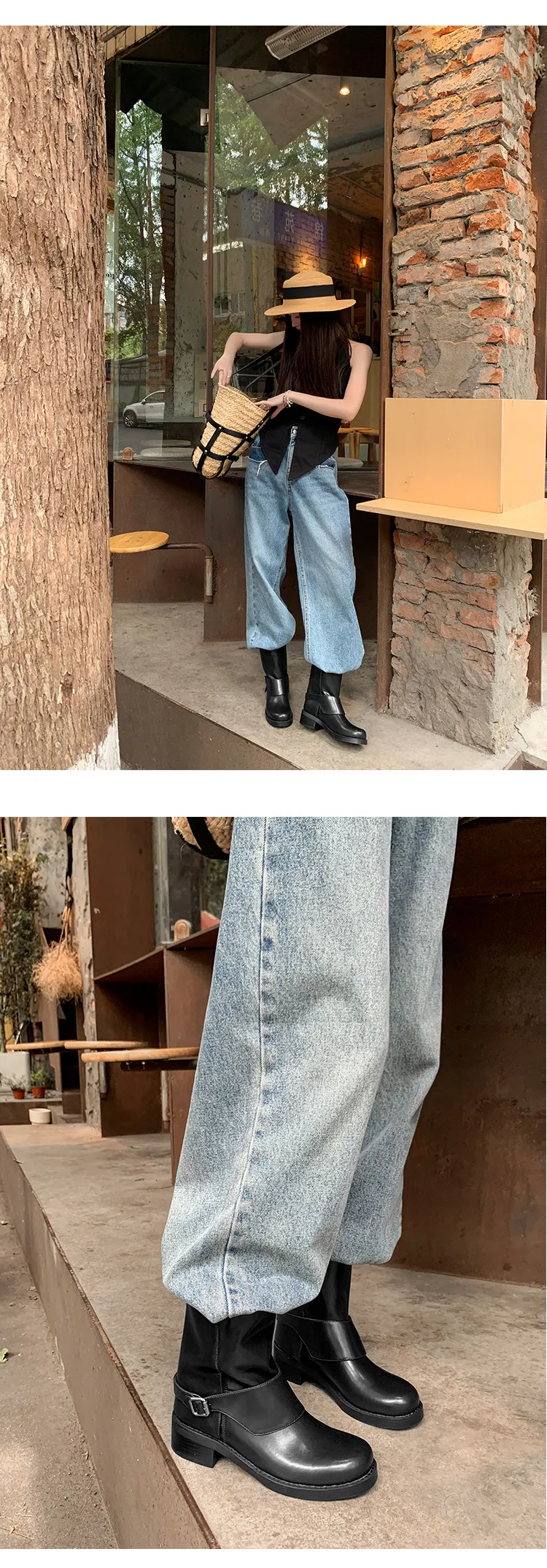 Autumn/Winter Short Leather Thick-Soled British Style Women's Boots with Straight Shaft, Round Toe, Chunky Heel, and Belt Buckle