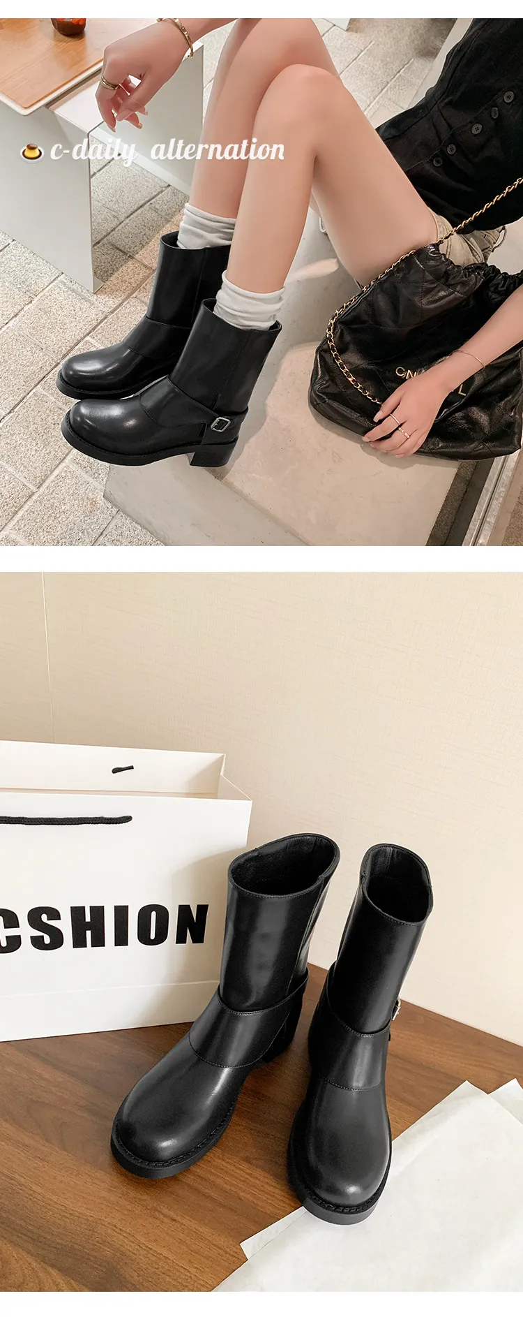 Autumn/Winter Short Leather Thick-Soled British Style Women's Boots with Straight Shaft, Round Toe, Chunky Heel, and Belt Buckle