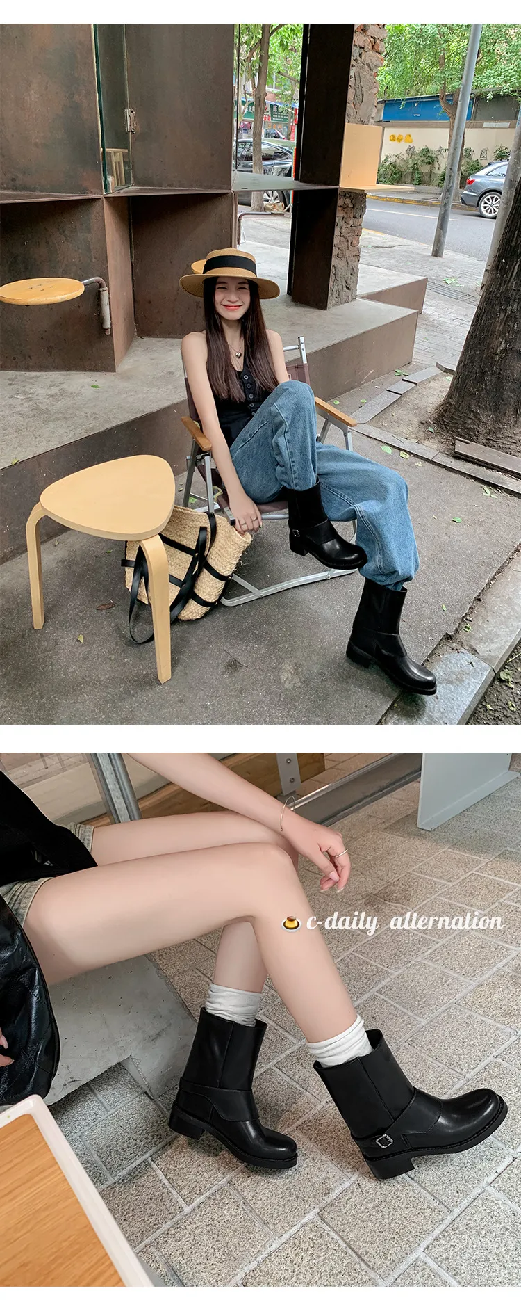 Autumn/Winter Short Leather Thick-Soled British Style Women's Boots with Straight Shaft, Round Toe, Chunky Heel, and Belt Buckle