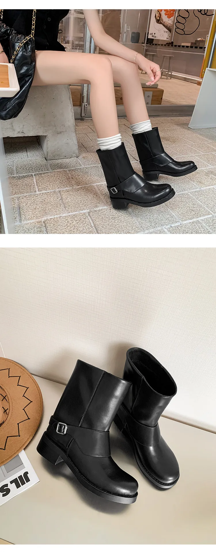 Autumn/Winter Short Leather Thick-Soled British Style Women's Boots with Straight Shaft, Round Toe, Chunky Heel, and Belt Buckle