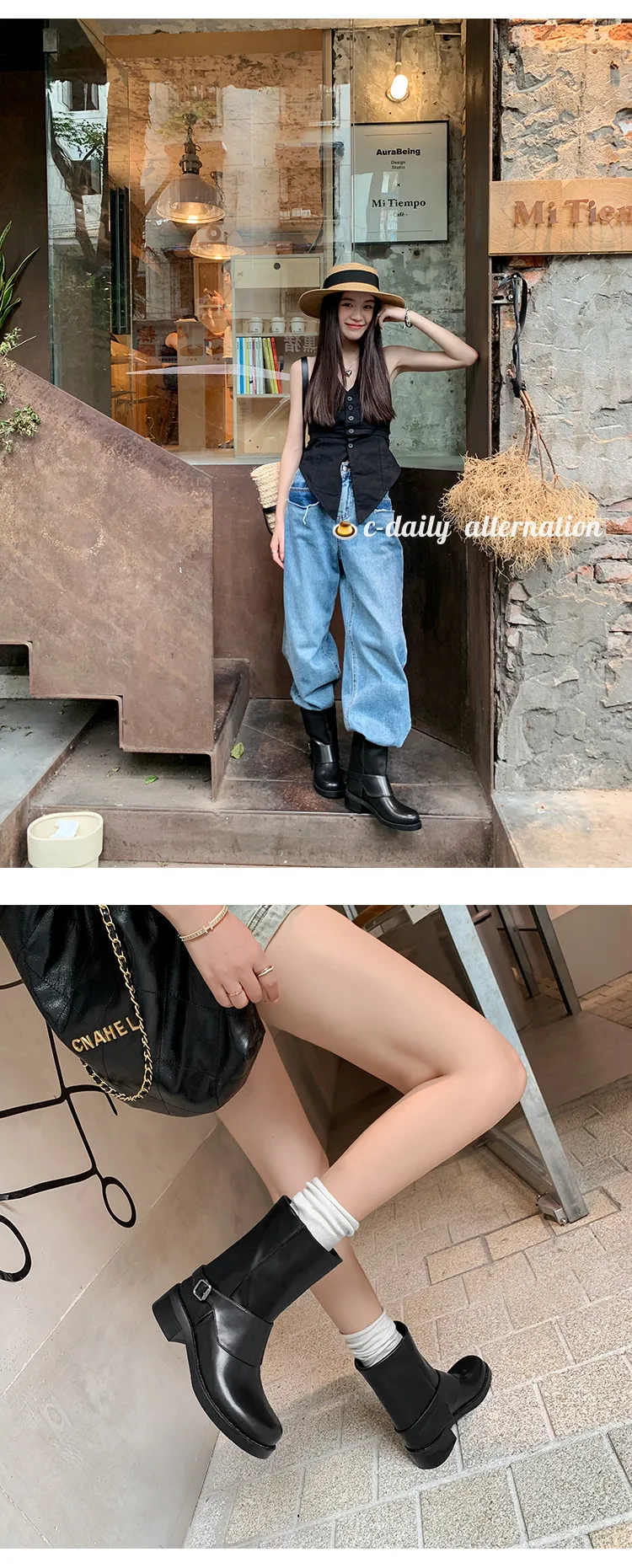 Autumn/Winter Short Leather Thick-Soled British Style Women's Boots with Straight Shaft, Round Toe, Chunky Heel, and Belt Buckle
