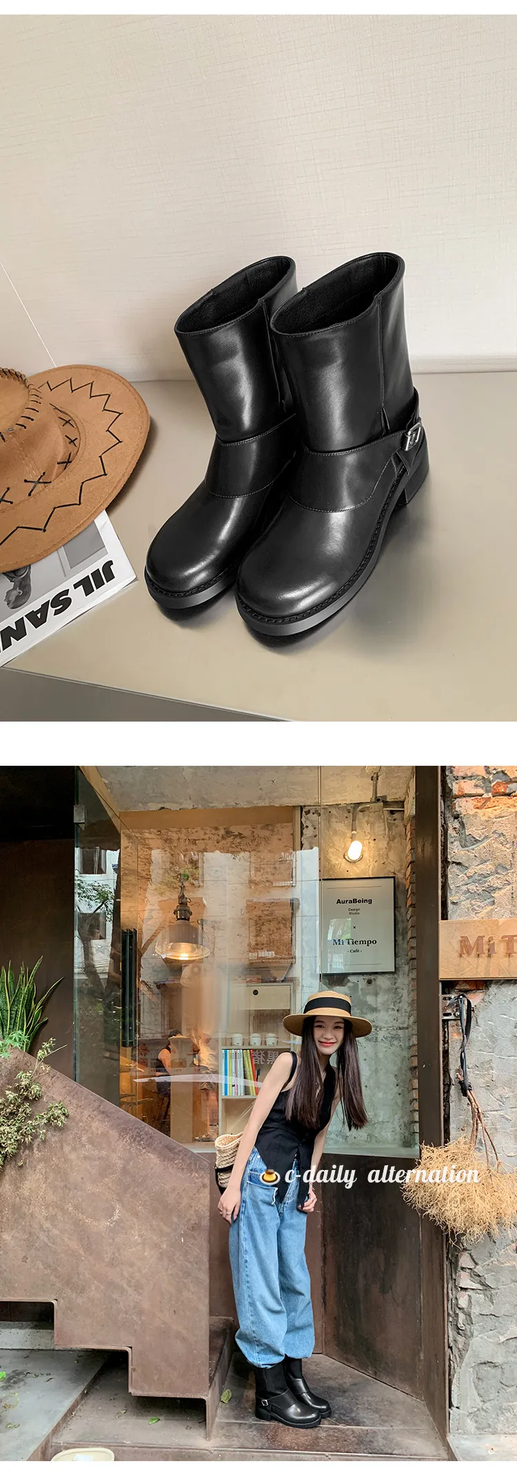 Autumn/Winter Short Leather Thick-Soled British Style Women's Boots with Straight Shaft, Round Toe, Chunky Heel, and Belt Buckle