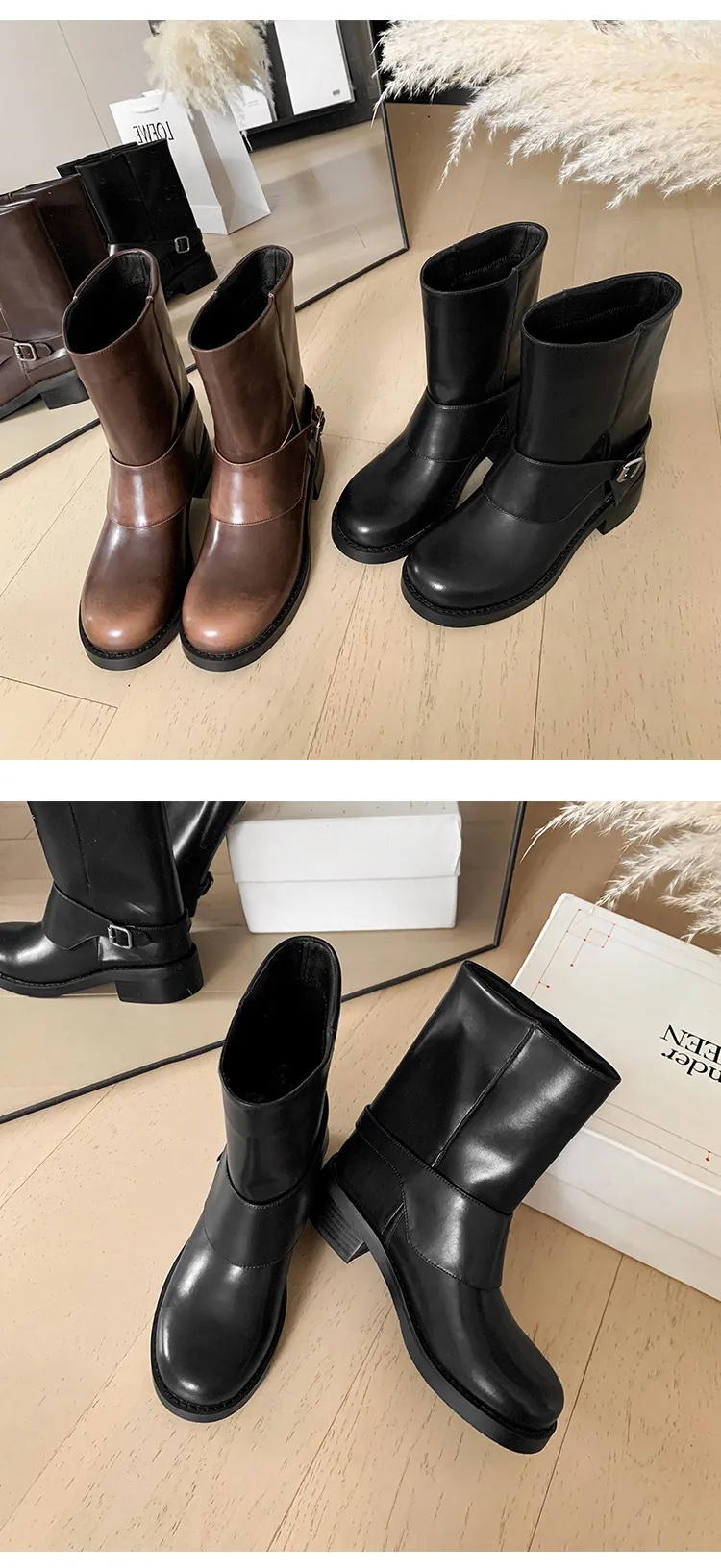 Autumn/Winter Short Leather Thick-Soled British Style Women's Boots with Straight Shaft, Round Toe, Chunky Heel, and Belt Buckle