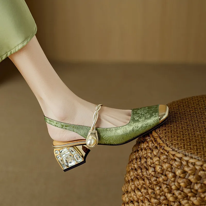 Spring/Summer Chinese Style Soft Leather Mary Jane Women's Shoes French Square Toe Open Back Elastic Band Sandals