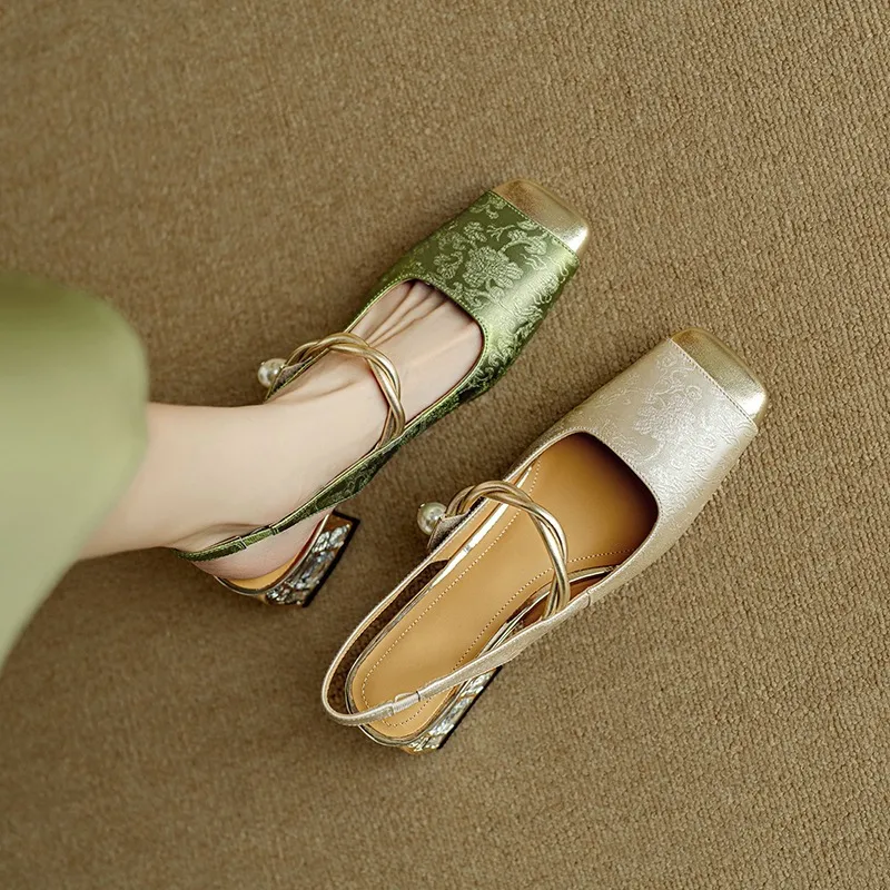 Spring/Summer Chinese Style Soft Leather Mary Jane Women's Shoes French Square Toe Open Back Elastic Band Sandals