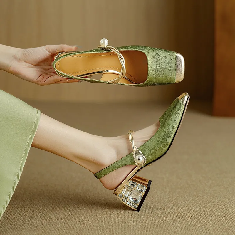 Spring/Summer Chinese Style Soft Leather Mary Jane Women's Shoes French Square Toe Open Back Elastic Band Sandals