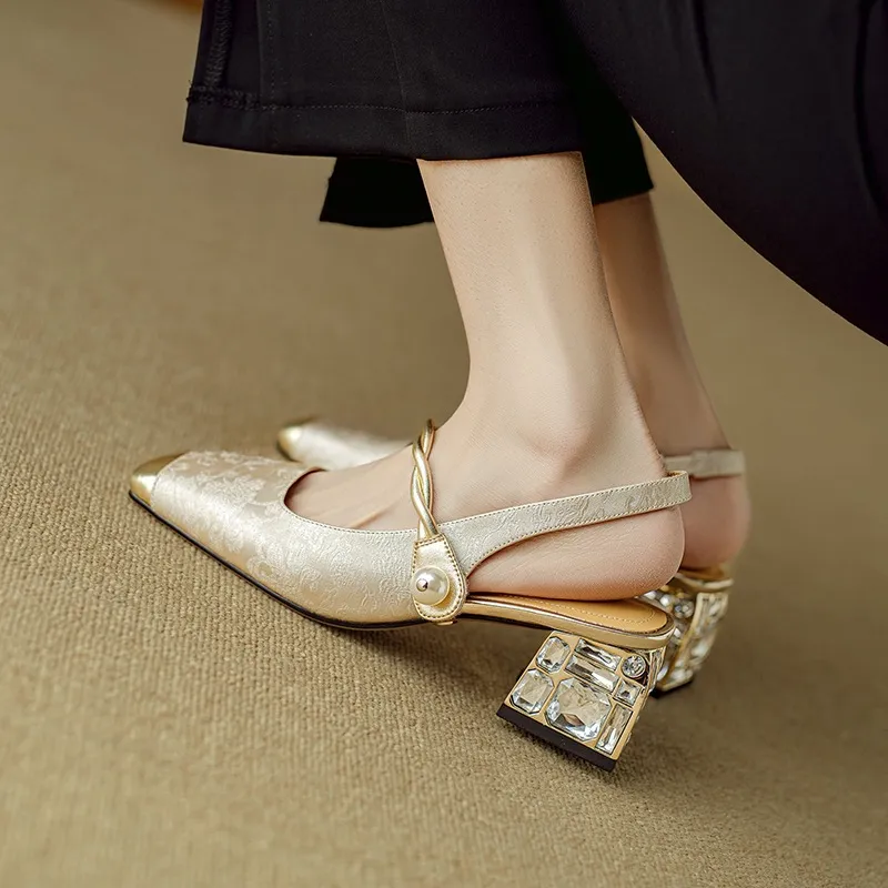 Spring/Summer Chinese Style Soft Leather Mary Jane Women's Shoes French Square Toe Open Back Elastic Band Sandals