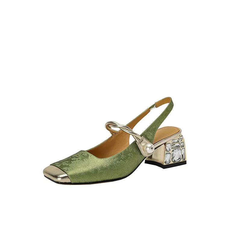 Spring/Summer Chinese Style Soft Leather Mary Jane Women's Shoes French Square Toe Open Back Elastic Band Sandals