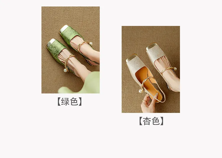 Spring/Summer Chinese Style Soft Leather Mary Jane Women's Shoes French Square Toe Open Back Elastic Band Sandals