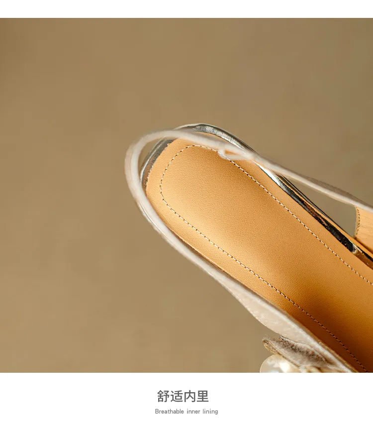 Spring/Summer Chinese Style Soft Leather Mary Jane Women's Shoes French Square Toe Open Back Elastic Band Sandals