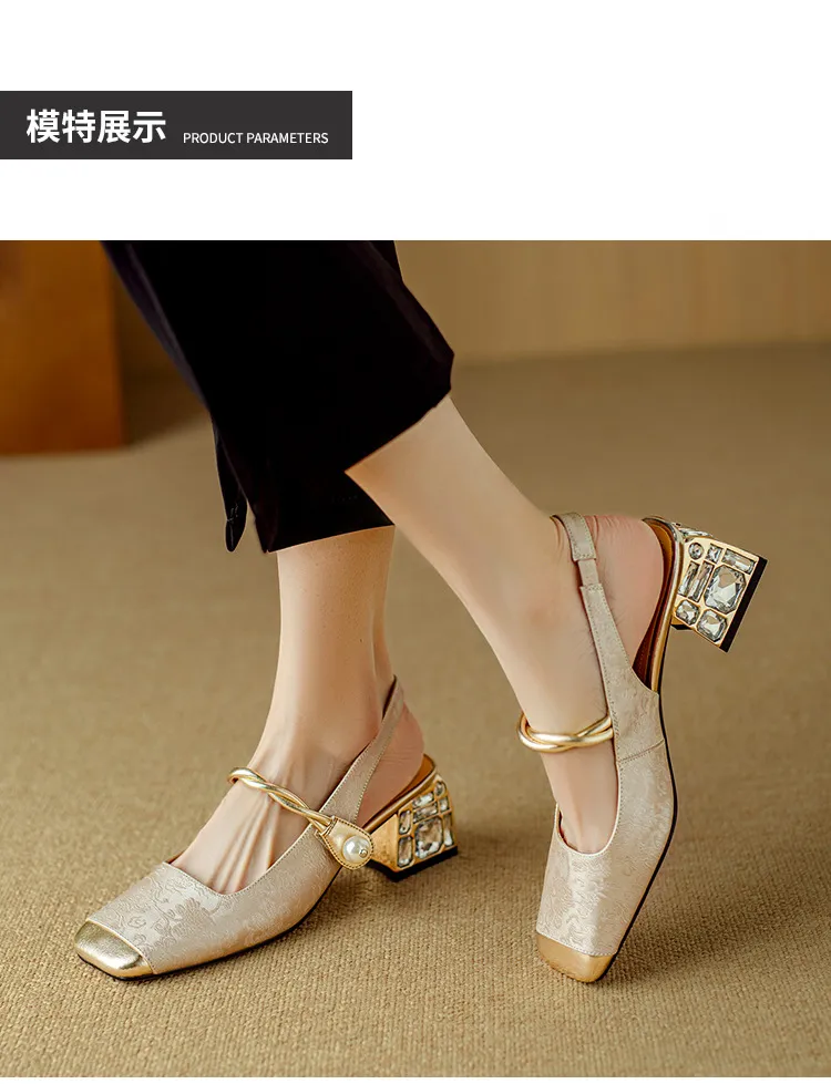 Spring/Summer Chinese Style Soft Leather Mary Jane Women's Shoes French Square Toe Open Back Elastic Band Sandals