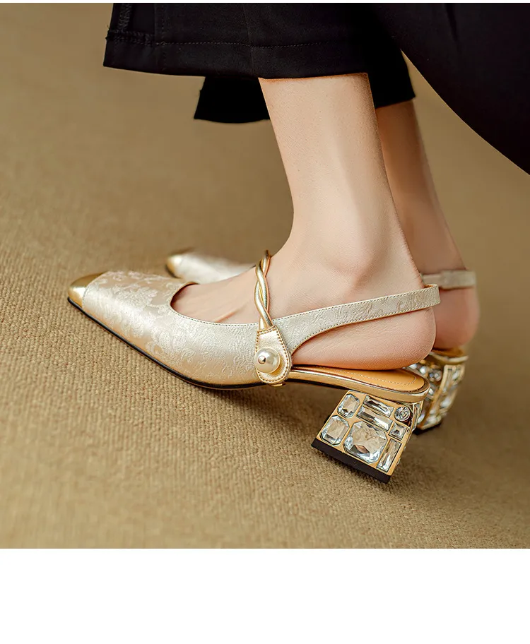 Spring/Summer Chinese Style Soft Leather Mary Jane Women's Shoes French Square Toe Open Back Elastic Band Sandals