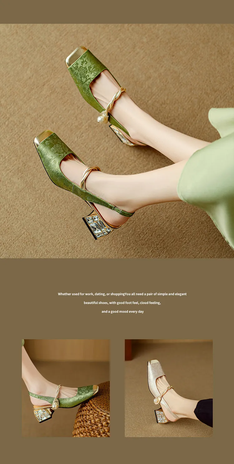 Spring/Summer Chinese Style Soft Leather Mary Jane Women's Shoes French Square Toe Open Back Elastic Band Sandals
