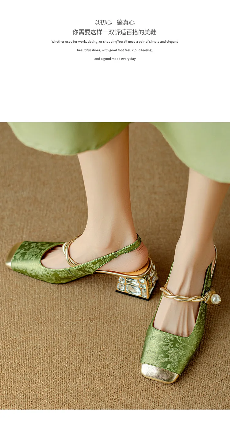 Spring/Summer Chinese Style Soft Leather Mary Jane Women's Shoes French Square Toe Open Back Elastic Band Sandals