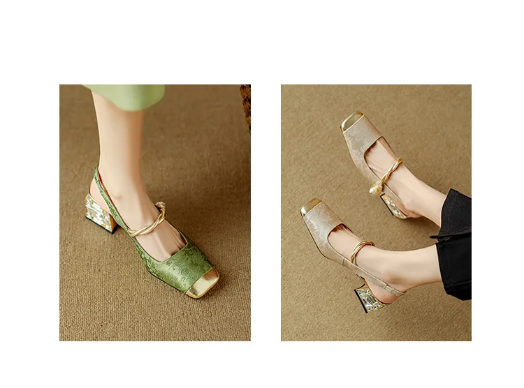 Spring/Summer Chinese Style Soft Leather Mary Jane Women's Shoes French Square Toe Open Back Elastic Band Sandals