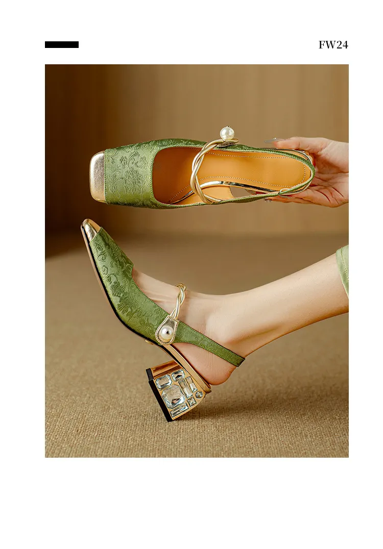 Spring/Summer Chinese Style Soft Leather Mary Jane Women's Shoes French Square Toe Open Back Elastic Band Sandals