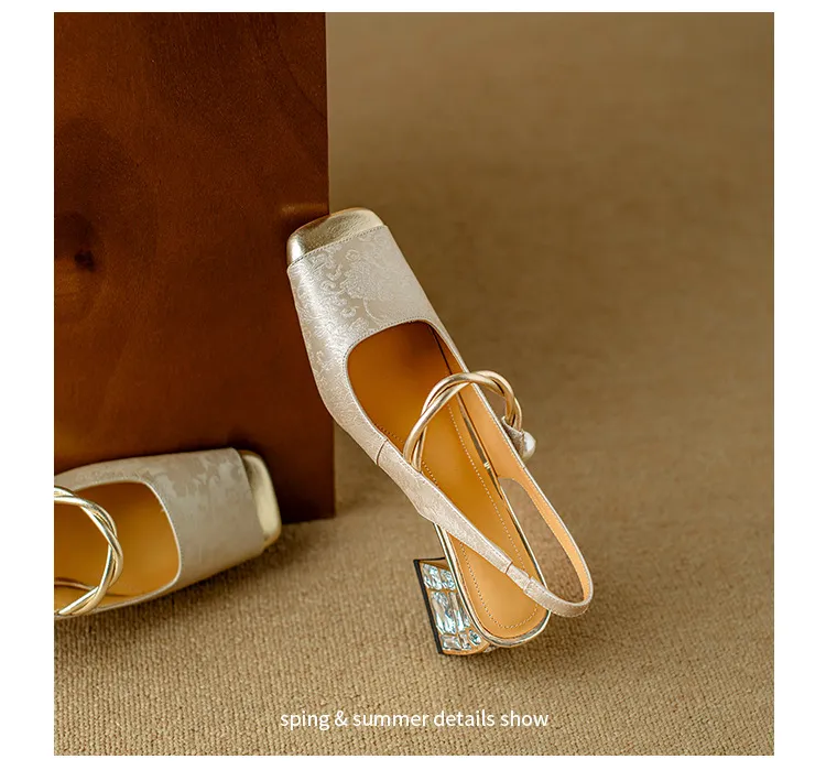 Spring/Summer Chinese Style Soft Leather Mary Jane Women's Shoes French Square Toe Open Back Elastic Band Sandals