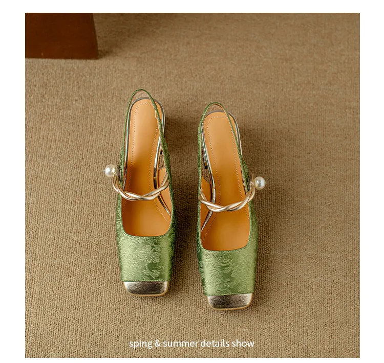 Spring/Summer Chinese Style Soft Leather Mary Jane Women's Shoes French Square Toe Open Back Elastic Band Sandals