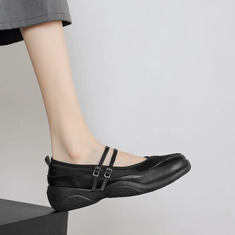 Comfortable sporty platform double-breasted Mary Jane shoes for spring and autumn, low-heeled, flat, round-toe, black and silver genuine leather.