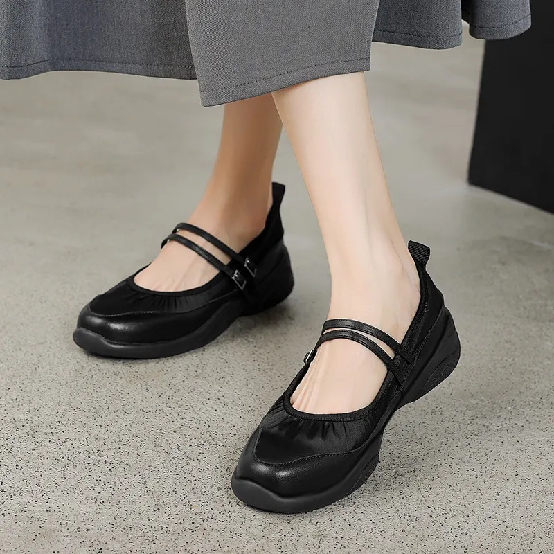 Comfortable sporty platform double-breasted Mary Jane shoes for spring and autumn, low-heeled, flat, round-toe, black and silver genuine leather.