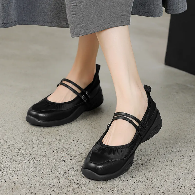 Comfortable sporty platform double-breasted Mary Jane shoes for spring and autumn, low-heeled, flat, round-toe, black and silver genuine leather.