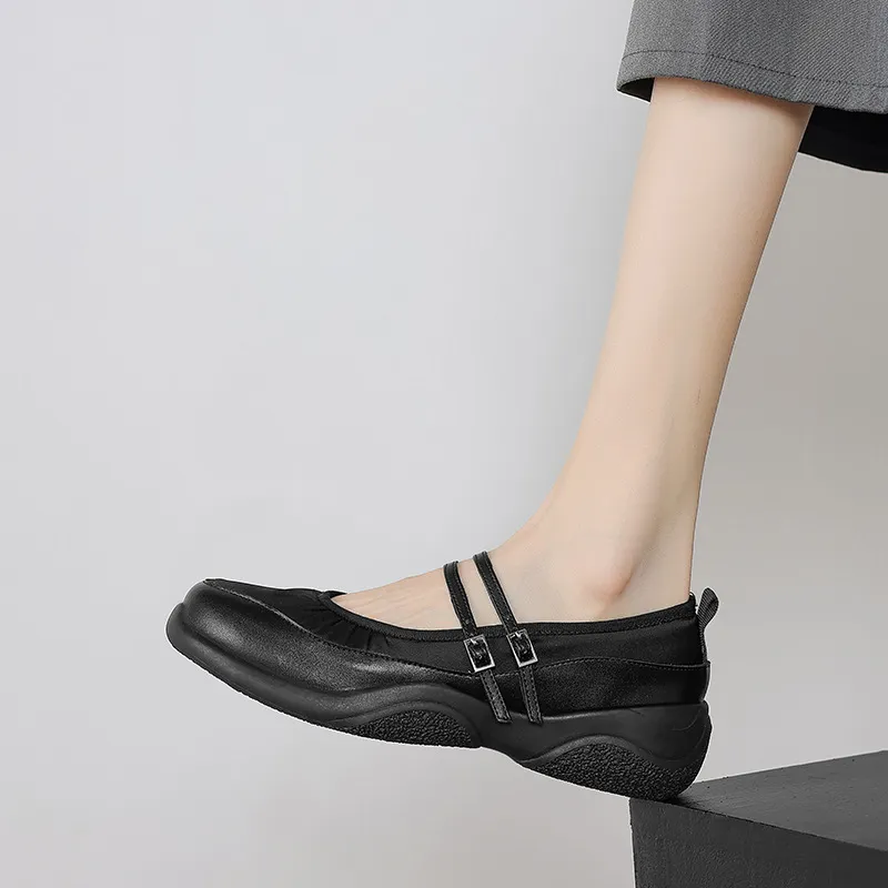 Comfortable sporty platform double-breasted Mary Jane shoes for spring and autumn, low-heeled, flat, round-toe, black and silver genuine leather.