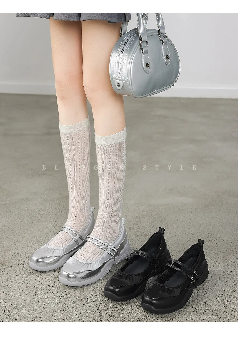 Comfortable sporty platform double-breasted Mary Jane shoes for spring and autumn, low-heeled, flat, round-toe, black and silver genuine leather.