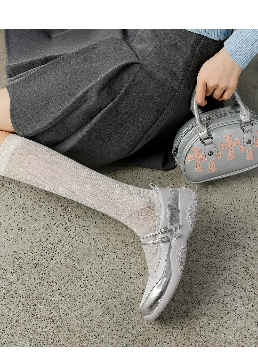Comfortable sporty platform double-breasted Mary Jane shoes for spring and autumn, low-heeled, flat, round-toe, black and silver genuine leather.