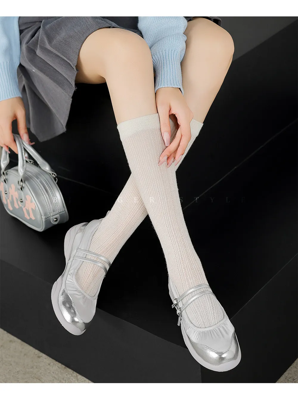 Comfortable sporty platform double-breasted Mary Jane shoes for spring and autumn, low-heeled, flat, round-toe, black and silver genuine leather.