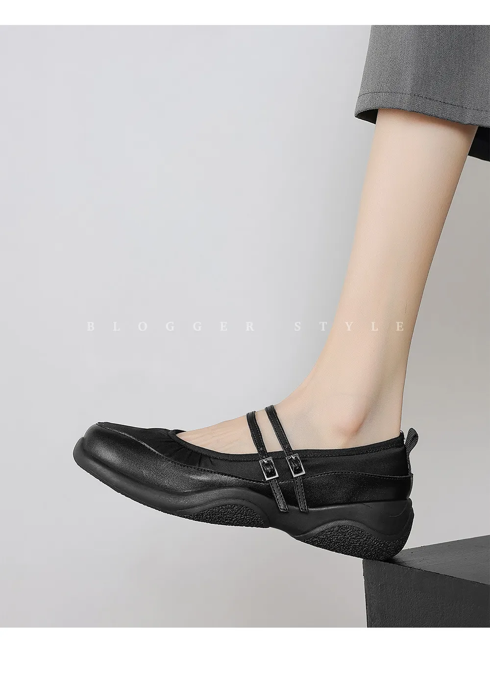Comfortable sporty platform double-breasted Mary Jane shoes for spring and autumn, low-heeled, flat, round-toe, black and silver genuine leather.