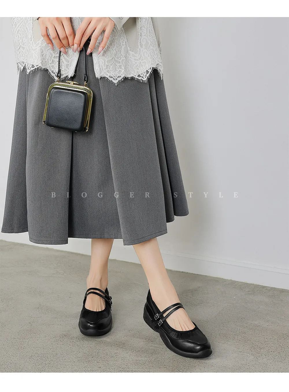 Comfortable sporty platform double-breasted Mary Jane shoes for spring and autumn, low-heeled, flat, round-toe, black and silver genuine leather.