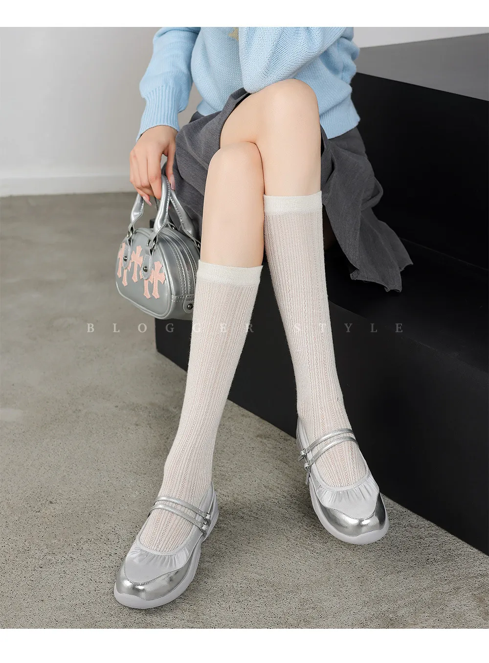 Comfortable sporty platform double-breasted Mary Jane shoes for spring and autumn, low-heeled, flat, round-toe, black and silver genuine leather.