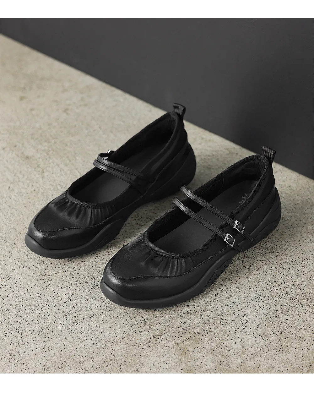 Comfortable sporty platform double-breasted Mary Jane shoes for spring and autumn, low-heeled, flat, round-toe, black and silver genuine leather.