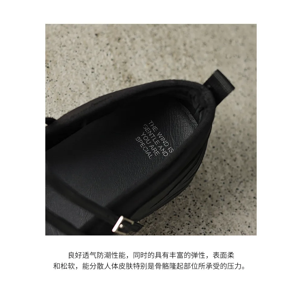 Comfortable sporty platform double-breasted Mary Jane shoes for spring and autumn, low-heeled, flat, round-toe, black and silver genuine leather.