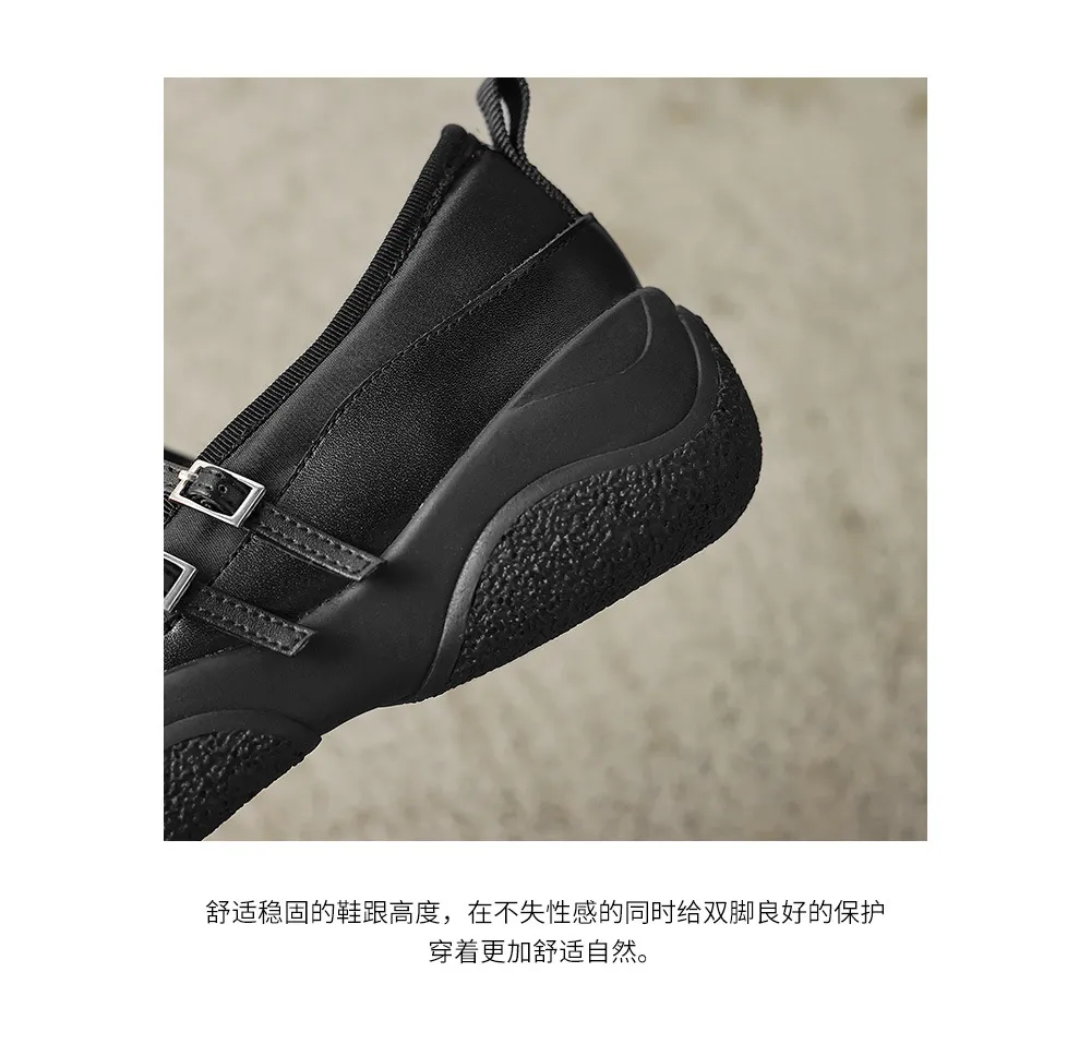 Comfortable sporty platform double-breasted Mary Jane shoes for spring and autumn, low-heeled, flat, round-toe, black and silver genuine leather.