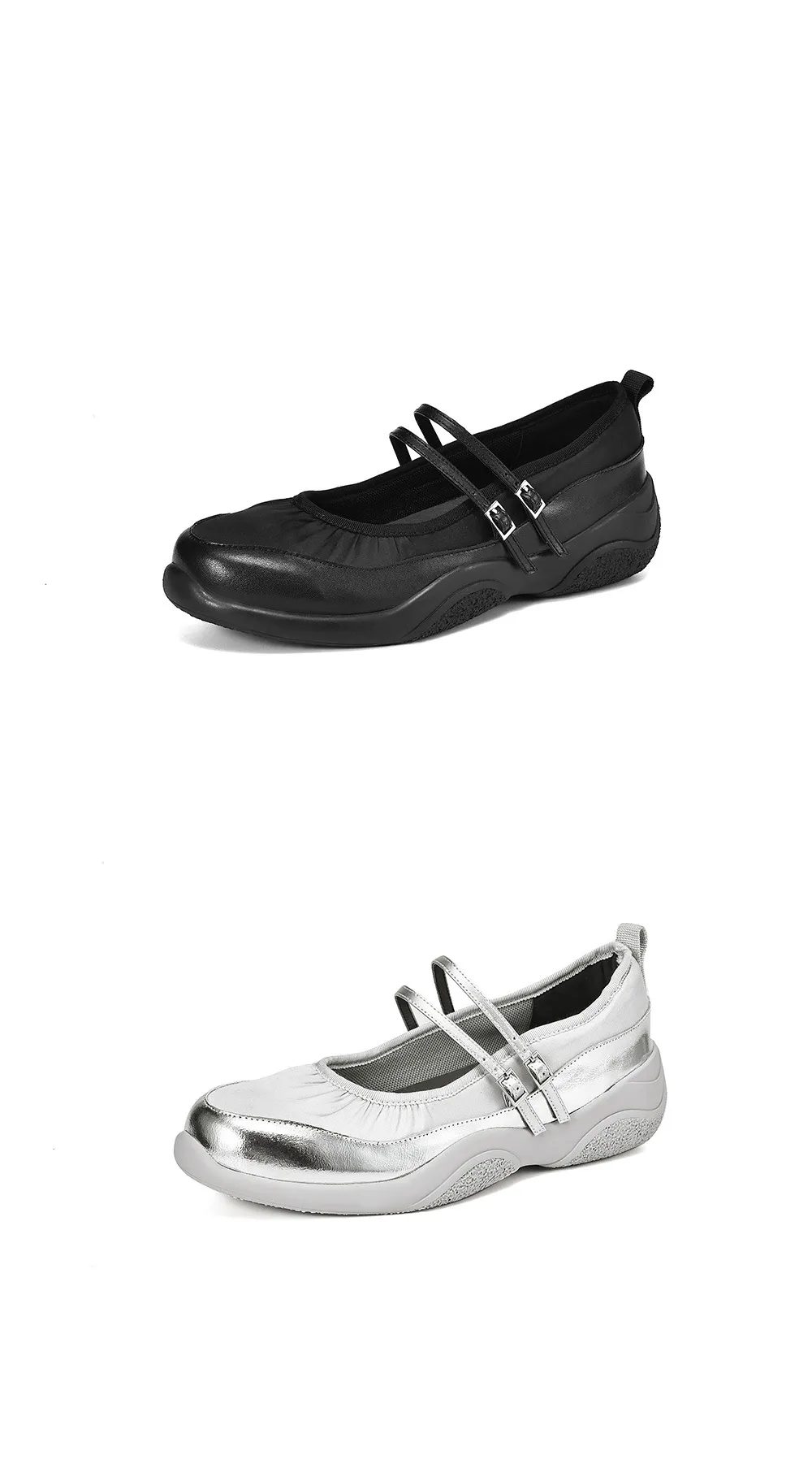 Comfortable sporty platform double-breasted Mary Jane shoes for spring and autumn, low-heeled, flat, round-toe, black and silver genuine leather.