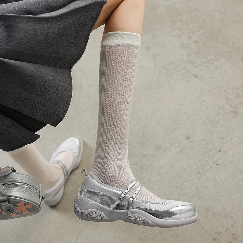 Comfortable sporty platform double-breasted Mary Jane shoes for spring and autumn, low-heeled, flat, round-toe, black and silver genuine leather.