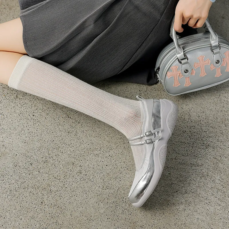 Comfortable sporty platform double-breasted Mary Jane shoes for spring and autumn, low-heeled, flat, round-toe, black and silver genuine leather.