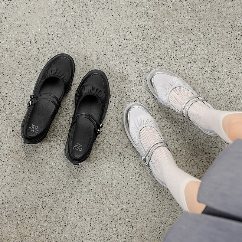 Comfortable sporty platform double-breasted Mary Jane shoes for spring and autumn, low-heeled, flat, round-toe, black and silver genuine leather.