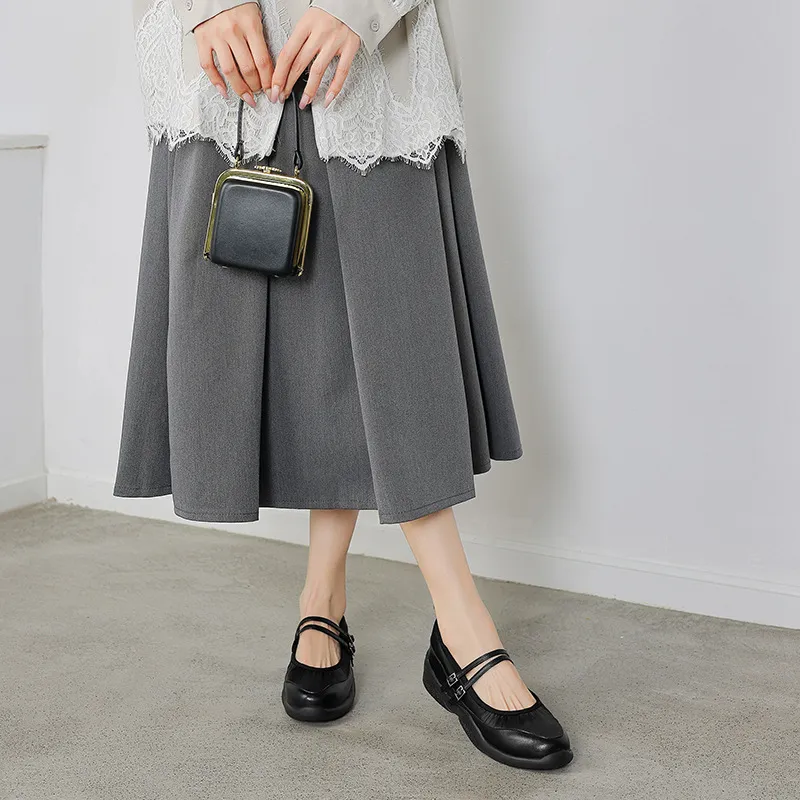 Comfortable sporty platform double-breasted Mary Jane shoes for spring and autumn, low-heeled, flat, round-toe, black and silver genuine leather.