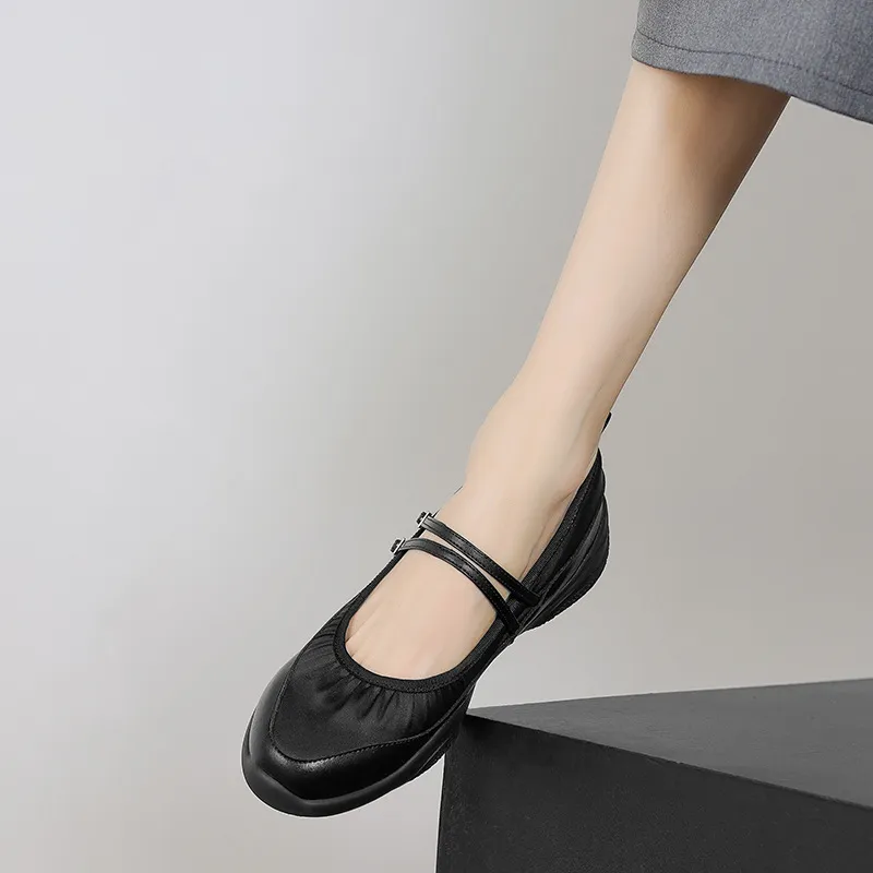 Comfortable sporty platform double-breasted Mary Jane shoes for spring and autumn, low-heeled, flat, round-toe, black and silver genuine leather.